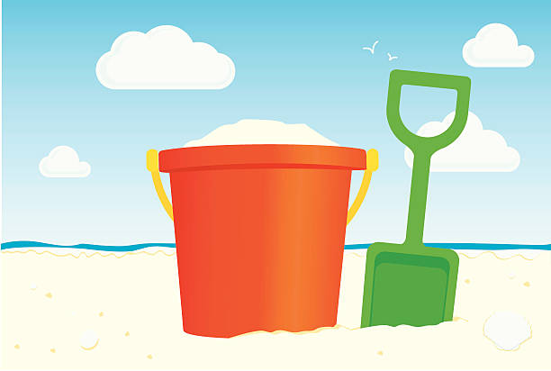Colorful illustration of bucket and spade on the sandy beach A child's colorful bucket and spade on the beach with the sea in the background sand pail and shovel stock illustrations