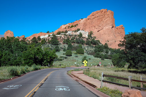 Entry to Garden of the Gods made up of unique massive, tall sandstone geological formations in Colorado Springs, Colorado in western USA of North America.