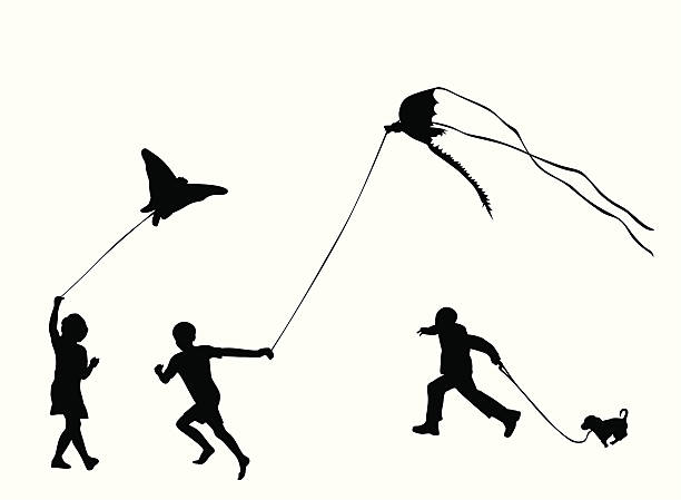 bildbanksillustrationer, clip art samt tecknat material och ikoner med kids at the park vector silhouette - flying kite