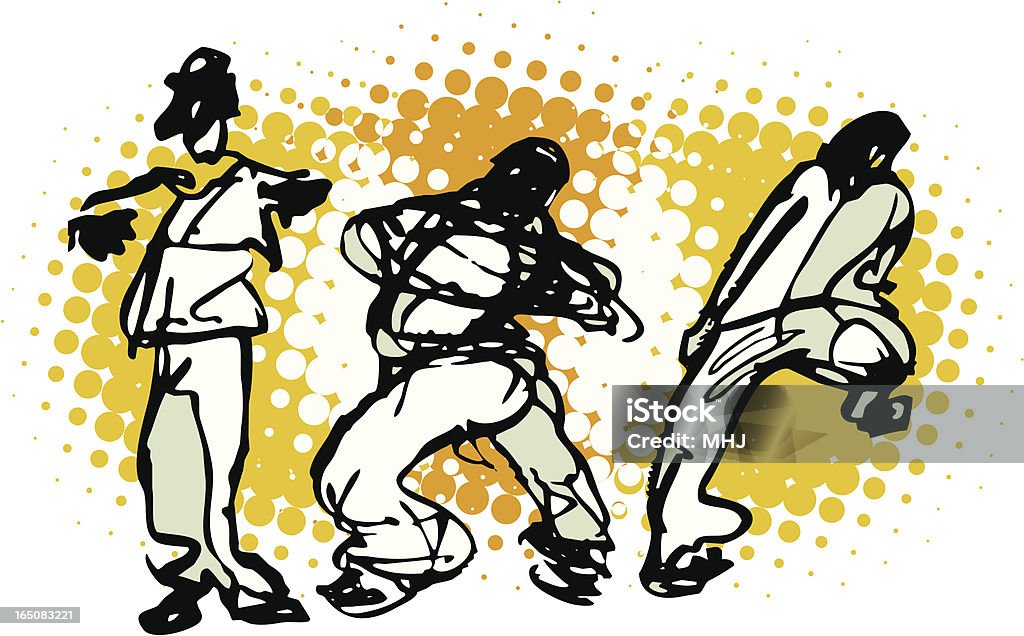 Three Urban Dancers on Orange The male street dancers on an orange background, dancers and background on separate Layers, jpg and pdf files included Dancing stock vector