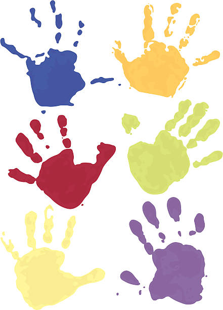Hands Down A child's colorful handprints. Each unique with two colors for painterly effect. art and craft illustrations stock illustrations