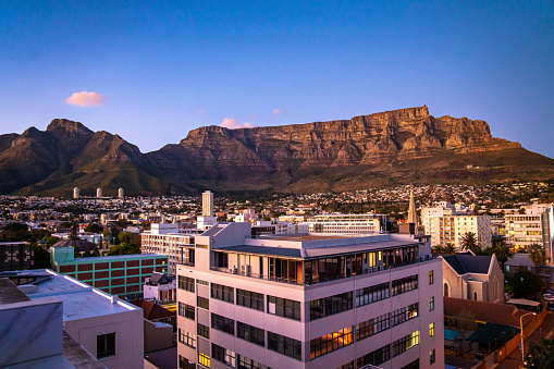 Aerial view of Cape Town city centre at sunset in Western Cape, South Africa, Africa