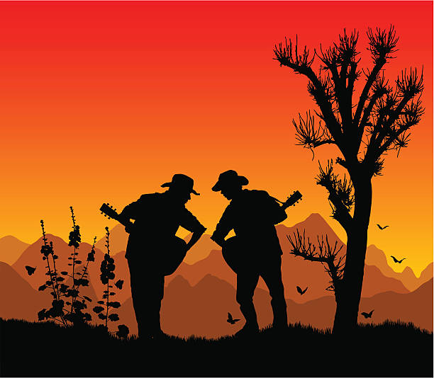 Country duo at sunset A country duo play against a beautiful sunset backdrop. country fashion stock illustrations