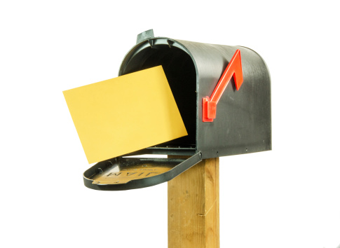 A red mailboxes with a open door, a raised flag, and letters envelope inside 3d render illustration ,isolated on white background with clipping path