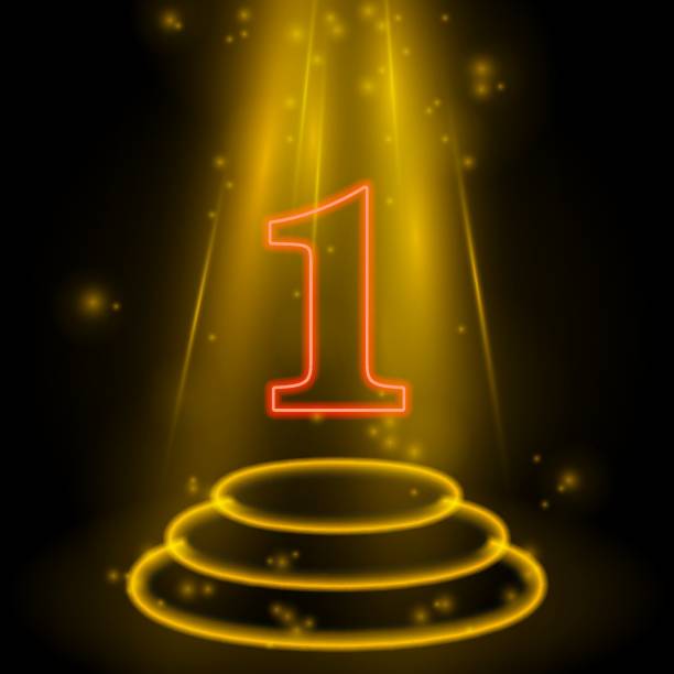 istock Illuminated gold stage round Podium on black background with number 1. Vector illustration. 1650841974