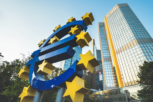 Frankfurt, Germany - June 14, 2023: low angle view on euro currency sign in Frankfurt