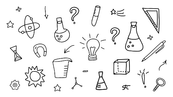 Doodle set on the theme of science, research and education, chemistry, astronomy, mathematics, physics, geometry and other sciences. Laboratory tools and equipment. Black and white outline. Vector.