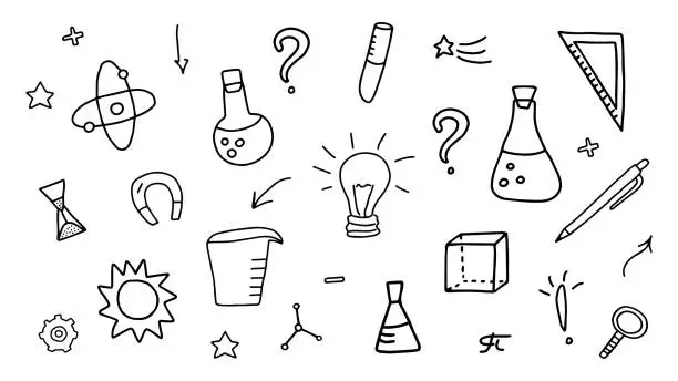 Vector illustration of Doodle set on the theme of science, research and education, chemistry, astronomy, mathematics, physics, geometry and other sciences. Laboratory tools and equipment. Black and white outline. Vector