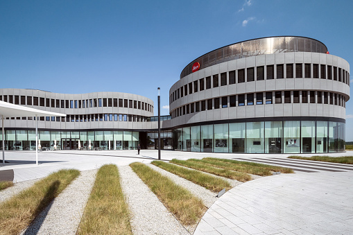 Frankfurt, Germany - June 14, 2023: modern curved architecture of the Leica world in Wetzlar