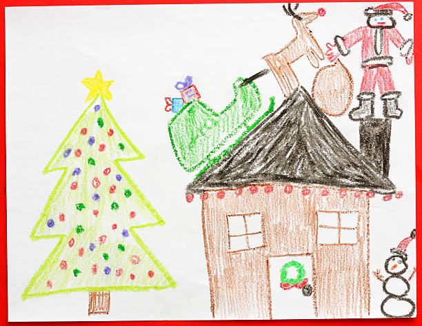 Christmas Drawing A child-like drawing of a Christmas scene with Santa and his sleigh on a rooftop while the house is surrounded by a Christmas tree and a snowman. rudolph the red nosed reindeer photos stock pictures, royalty-free photos & images