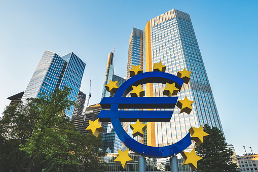 Frankfurt, Germany - June 14, 2023: low angle view on euro currency sign in Frankfurt