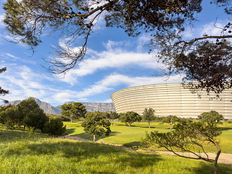 A view of The Cape Town Stadium also known as DHL Stadium and Table Mountain from Granger Bay