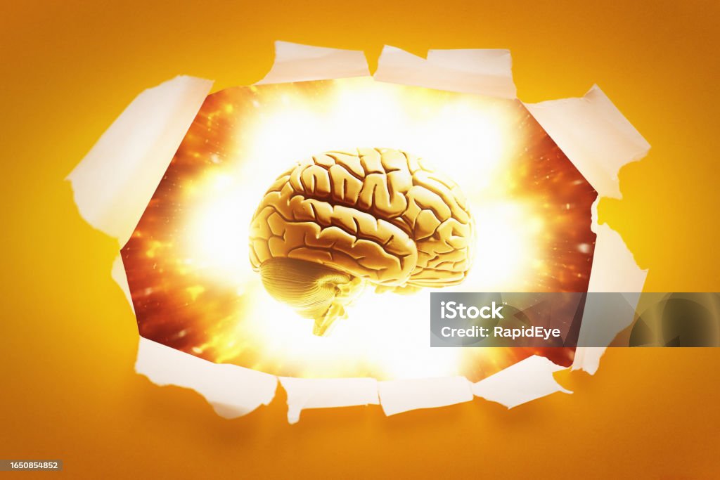 Exploding Through Paper Exploding Brain Emerging Through Paper Hole With Torn Jagged Edges ...