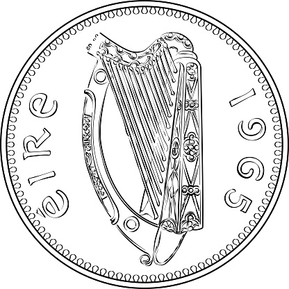 Irish money Pre-decimal gold coin Penny with Celtic harp on obverse. Black and white image