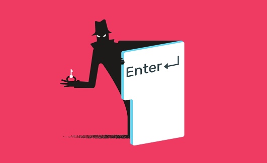 Thief coming out of the door in the shape of Enter key. Cybersecurity, hacking, phishing concept. Vector illustration.