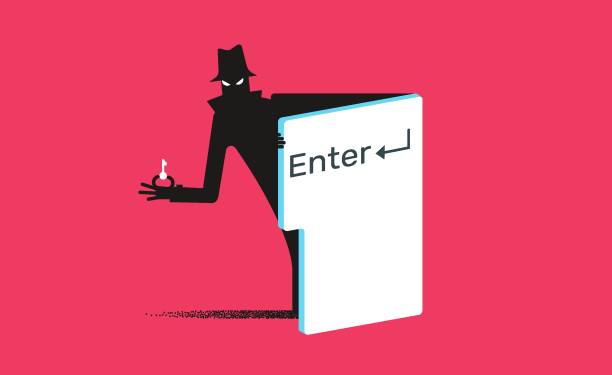 Thief coming out of the Enter key vector illustration Thief coming out of the door in the shape of Enter key. Cybersecurity, hacking, phishing concept. Vector illustration. cartoon robot images stock illustrations