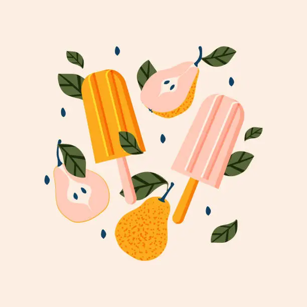 Vector illustration of Pear ice cream with fruits isolated on a light delicate pink background for summer prints. Vector.