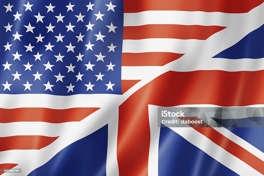Combination of the United States and British flags USA and UK flag, three dimensional render, satin texture. speaking english symbol UK Stock Photo