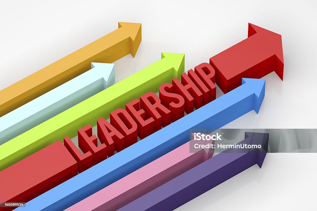 3D multicolored arrows with block leadership text 3d render illustration of leadership word block with arrows. Activity Stock Photo