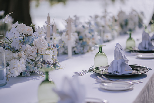 close up Table setting for outdoor event party or wedding reception