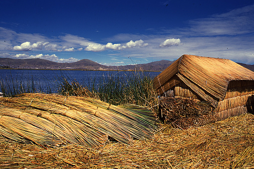 Totora boat on the Titicaca   lake uros culture  near Puno, Peru