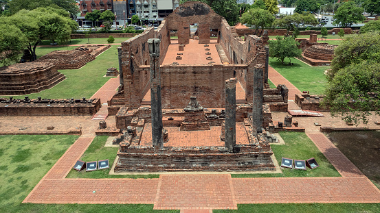 Ruins of buildings Old Thai Vihara Chedi at Wat Ratchaburana Phra Nakhon Si Ayutthaya Province, Thailand