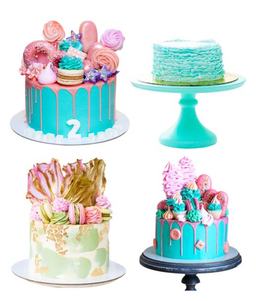 istock Assorted green cakes isolated on white background. Cakes with edible flowers, meringues, macarons, fondant ruffles, popsicles and melted chocolate 1650961676