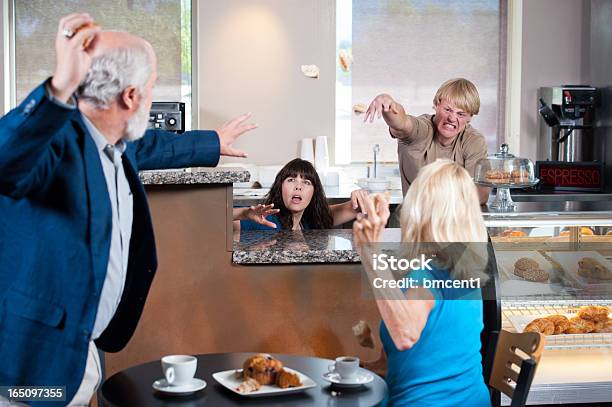 Cafe Food Fight Stock Photo - Download Image Now - Food Fight, Customer, Anger