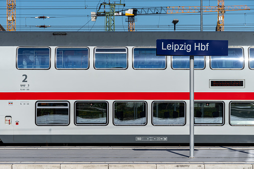 Doubledecker passenger train at Leipzig Hauptbahnhof