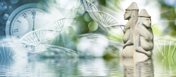 image of ancient cult figures and stylized DNA chains and their reflection in water