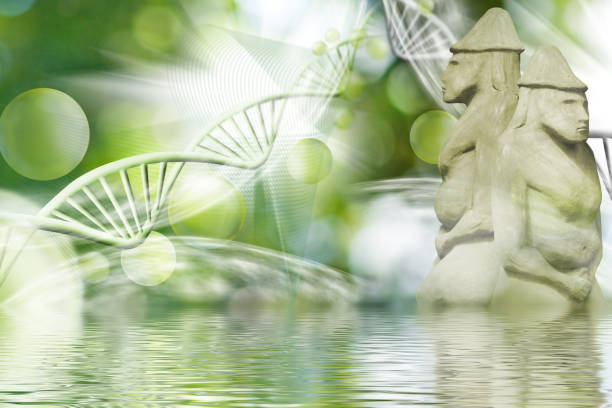 istock image of ancient cult figures and stylized DNA chains and their reflection in water 1650986056