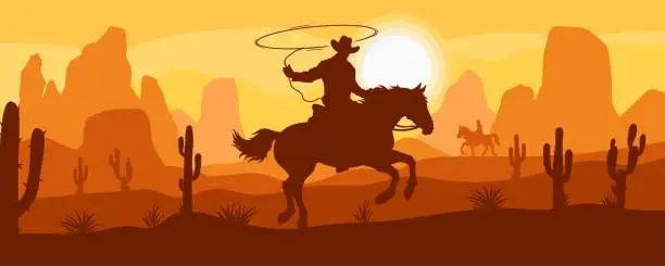 Vector illustration of Cowboy on horse sticker colorful