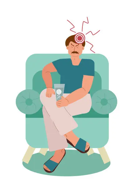 Vector illustration of man with a headache holds a glass of painkillers