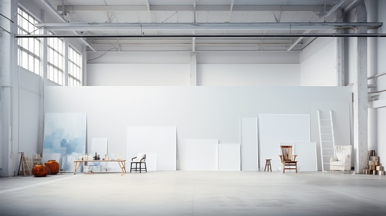 Minimalist interior of art studio wide angle view white color ambiance