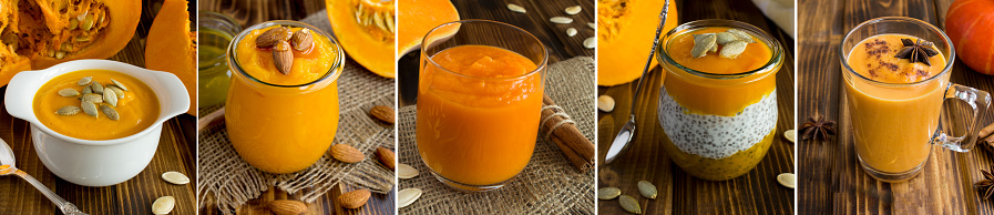 Collage of food with pumpkin on the brown wooden background. Close-up.