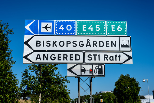 Gothenburg, Sweden - June 07 2023: Traffic sign guiding the way to Biskopsgården and highways.