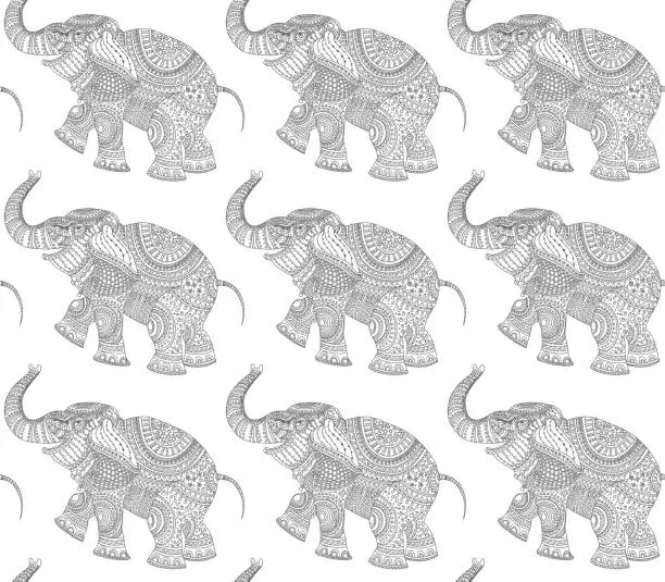 Vector illustration of Vector seamless pattern of white elephant silhouette with grey ethnic tribal ornament on a white background