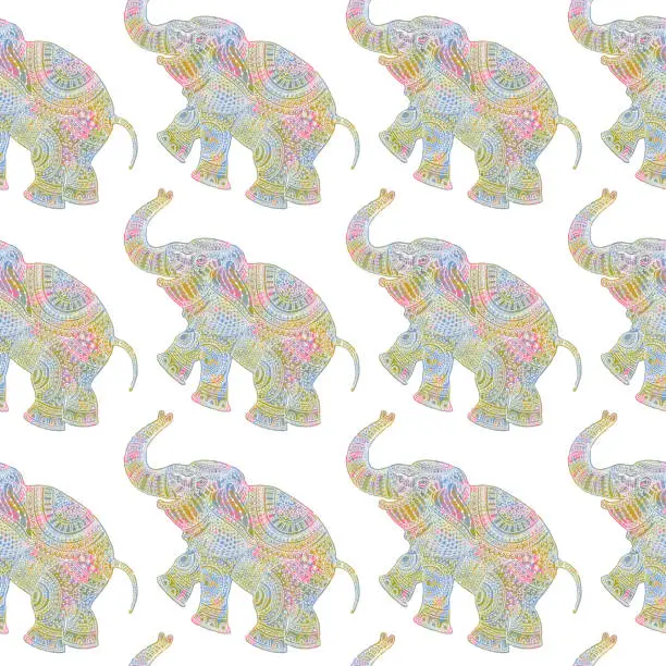 Vector illustration of Vector seamless pattern of pink, yellow, blue watercolor painted elephant silhouette with white ethnic tribal ornaments on a white background