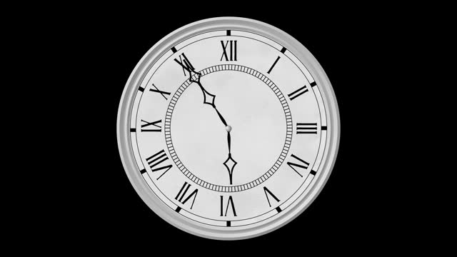 Vintage clock animation, seamless loop, full 12-hour cycle in 24 seconds. Alpha channel