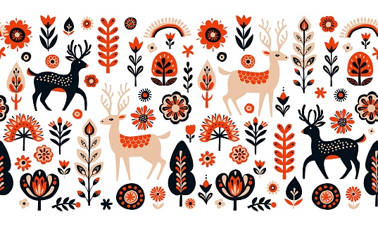 Simple Hand drawn floral minimalist Scandinavian seamless pattern with deers, christmas tree forest, flowers. Nordic design Nature-inspired trendy style background. Clean Whimsical vector illustration