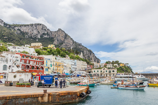 Panoramic view of the Amalfi city at the Amalfi coast in the Tyrrhenian Sea at Italy.
