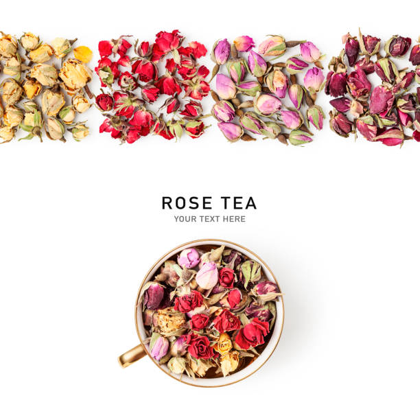 Rose tea creative layout. Dried rose petals, buds, flowers and tea cup isolated on white background. Alternative medicine concept. Top view, flat lay. Design element