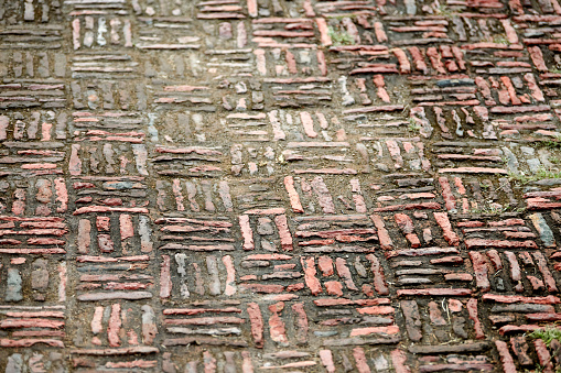 Old indian brickwork in Agra red fort, masonry walkway covered with green moss unusual patterns, red brick masonry pattern on ground, ancient indian style stonework bricks