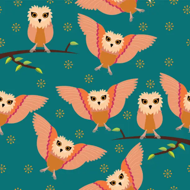 Vector illustration of Seamless owl pattern with tuquoise background