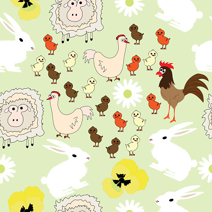 Seamless pattern with domestic animals and flowers: rabbit, sheep, hen, rooster, chick, daisy and pansy