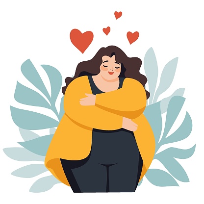 Flat vector illustration. Cute plus size girl hugging herself. Bodypositive and self-love concept