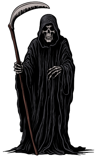 Illustration of the Grim Reaper on white background.