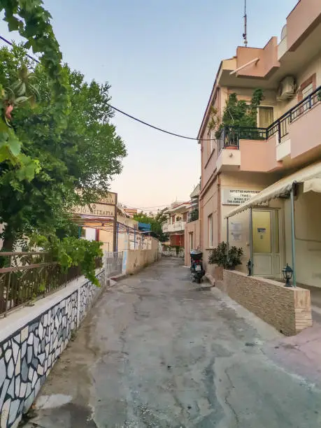 Afandou- Greece- 30 June 2022: A street in the village of Afandou, Rhodes, Greece. High quality photo