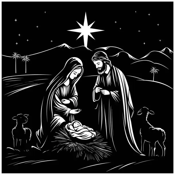 Vector illustration of Nativity Scene Black and White