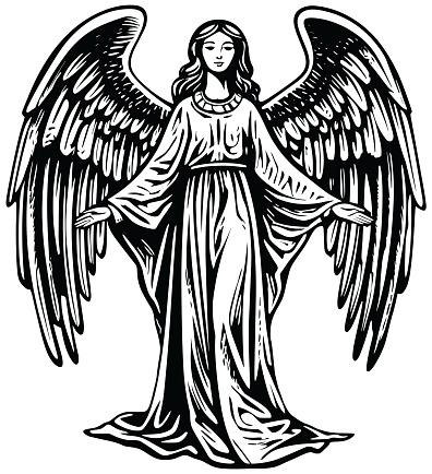 Woodcut style illustration of beautiful angel greeting you with open arms on white background.